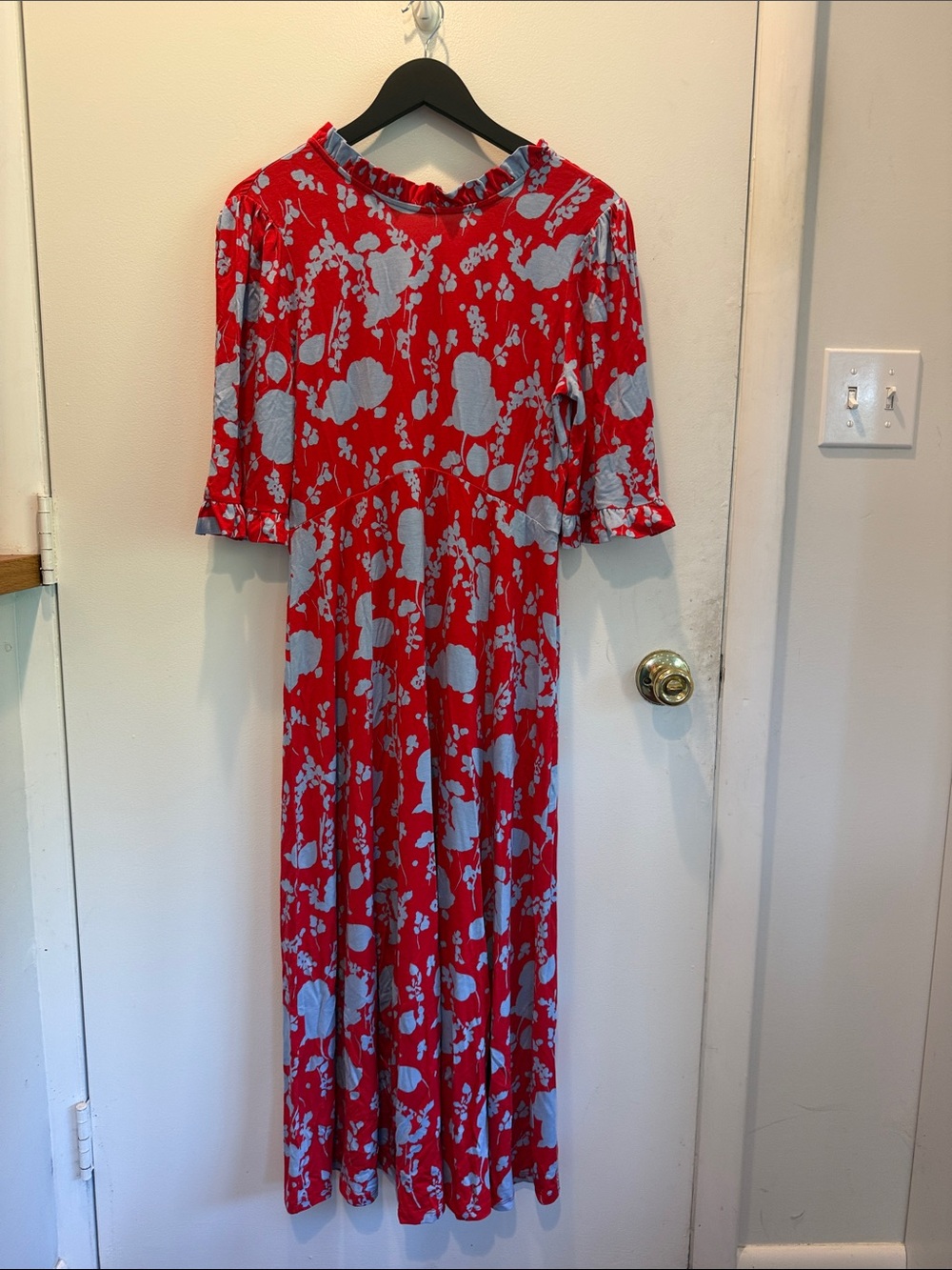Boden Red Midi Dress with Light Blue Floral Print